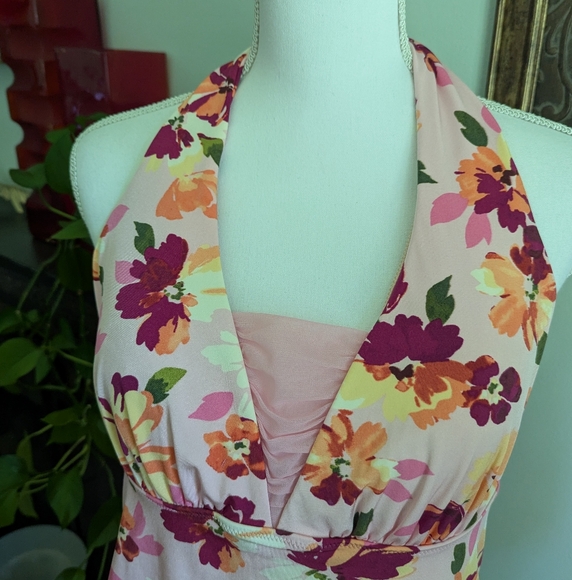 Lands End Tankini Halter Top Women's 12 Pink/Yellow Floral Mesh Accent Bra 111 - Picture 2 of 9